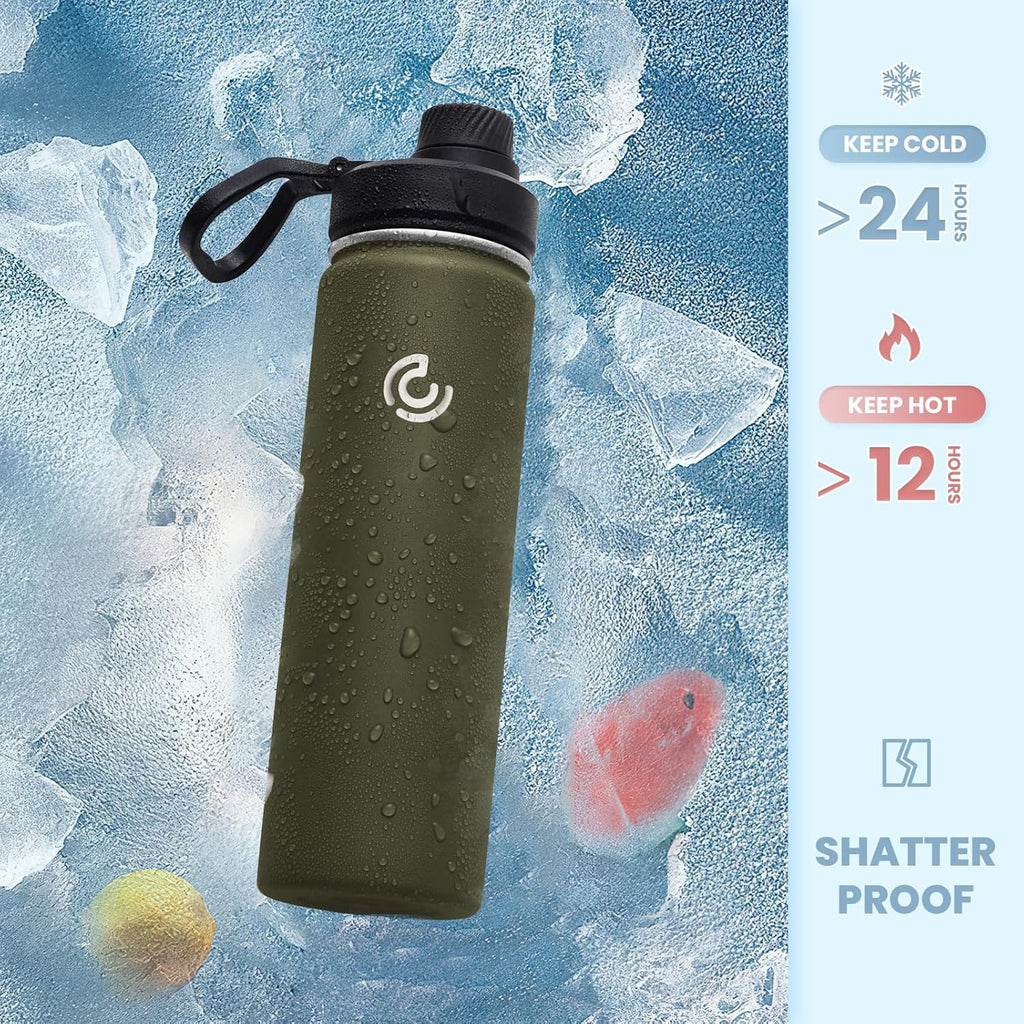 Sports Water Bottle 22Oz, Insulated Water Bottle with Handle,Stainless Steel,Simple Modern,Suitable for Travel, School, Boy, Girl(Army Green)