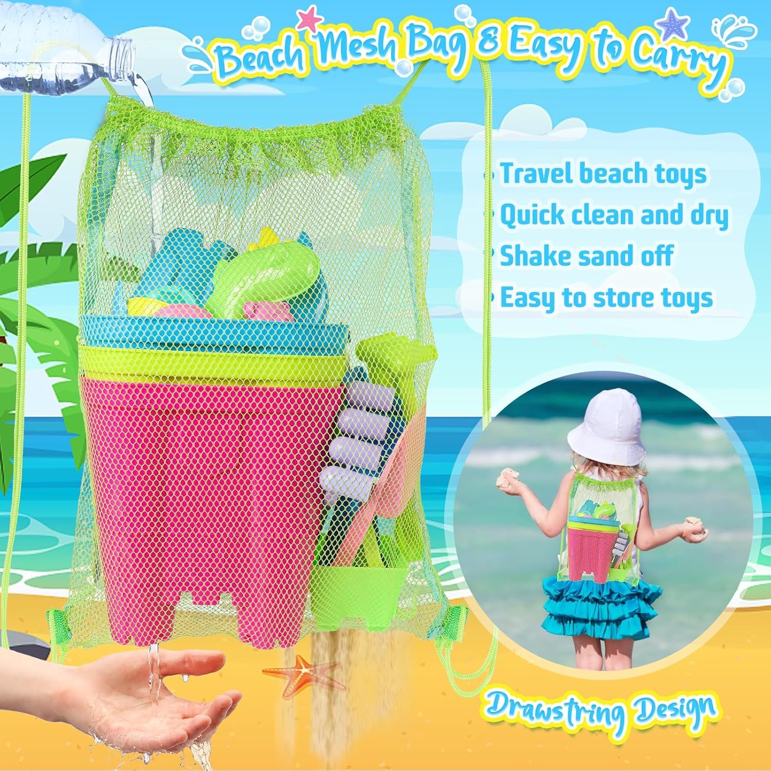 Beach Toys for Toddlers, Sand Castle Toys with 3 Bucket, 6 Shovels, Mesh Bag & Sandbox Molds Travel Sand Toys for Beach Sandbox Toys for Toddlers Kids Baby Boys Girls Age 3-10