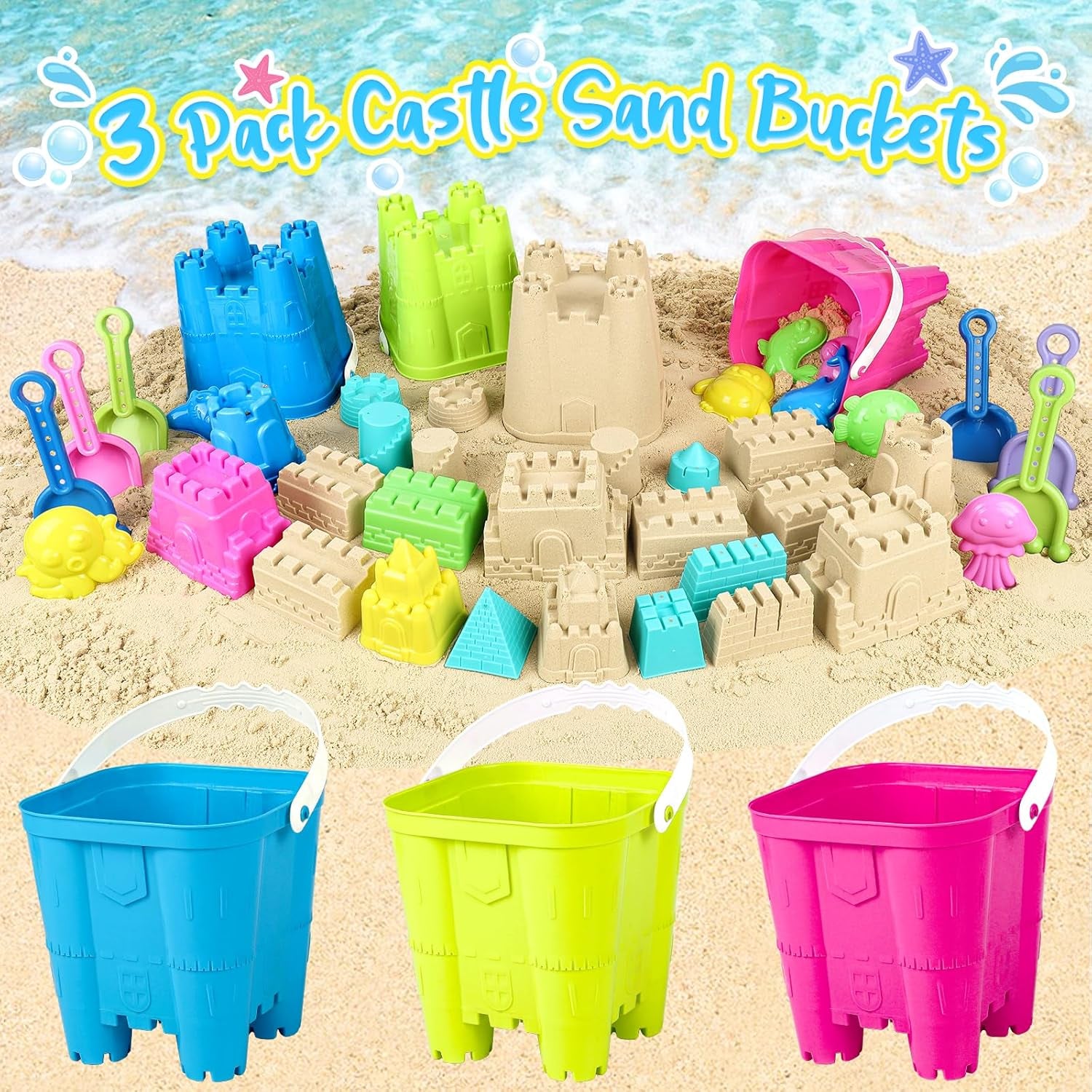 Beach Toys for Toddlers, Sand Castle Toys with 3 Bucket, 6 Shovels, Mesh Bag & Sandbox Molds Travel Sand Toys for Beach Sandbox Toys for Toddlers Kids Baby Boys Girls Age 3-10
