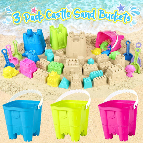 Beach Toys for Toddlers, Sand Castle Toys with 3 Bucket, 6 Shovels, Mesh Bag & Sandbox Molds Travel Sand Toys for Beach Sandbox Toys for Toddlers Kids Baby Boys Girls Age 3-10