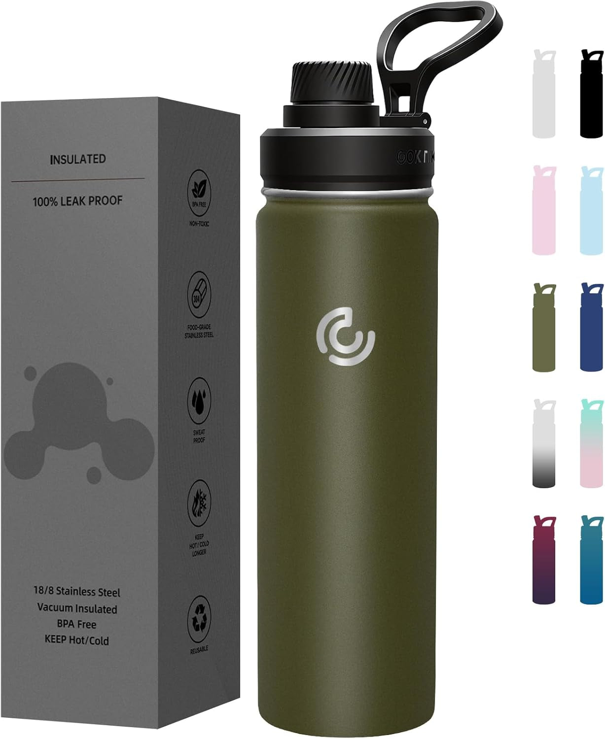 Sports Water Bottle 22Oz, Insulated Water Bottle with Handle,Stainless Steel,Simple Modern,Suitable for Travel, School, Boy, Girl(Army Green)