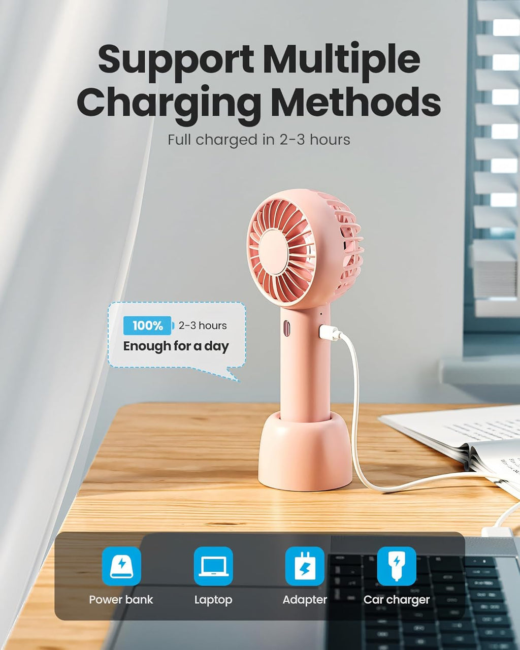 Mini Portable Fan, Small and Powerful, Cute Design 3 Speed Personal Handheld Fan and Desktop with Base, Lightweight USB Rechargeable for Travel Lash Makeup Girl Women Summer Gift Pink