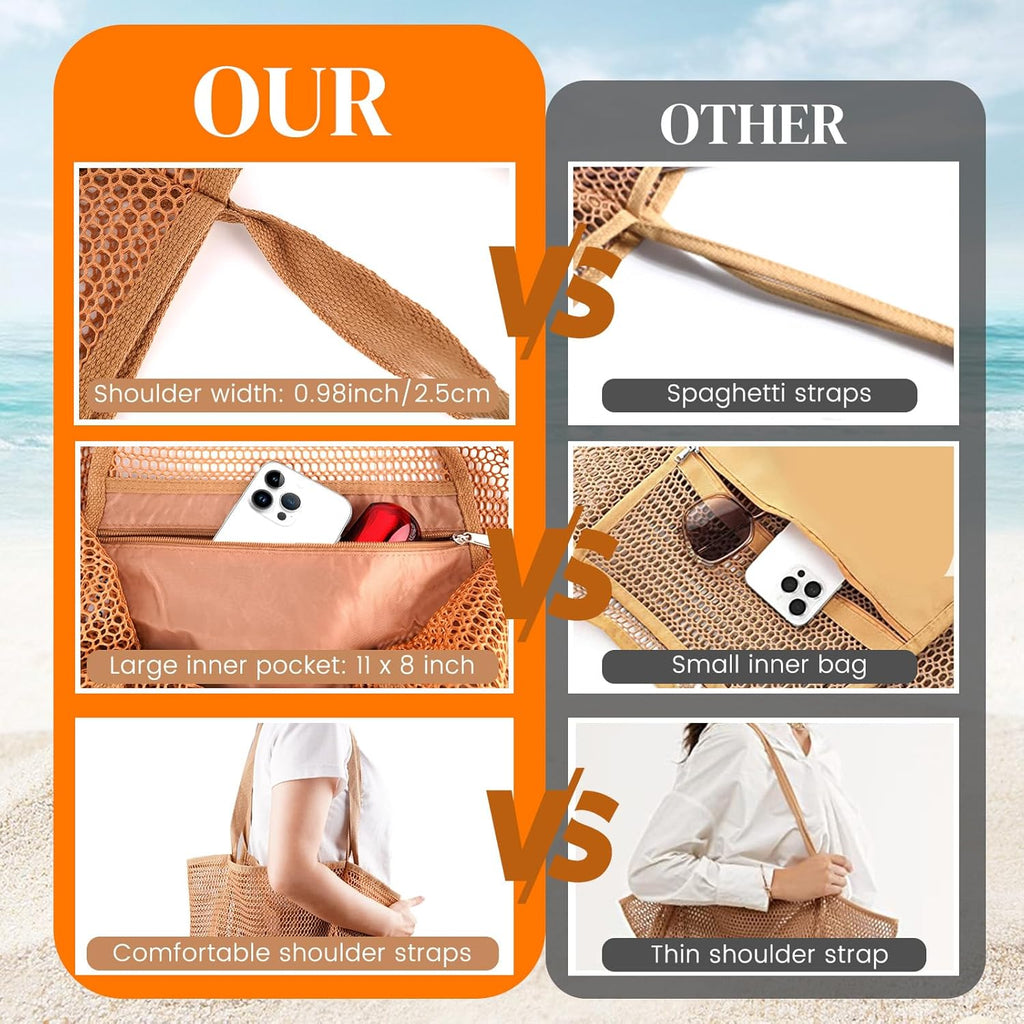 Beach Bags for Women, Summer Travel Mesh Tote Bag with Large Inner Pocket, Sandproof Woven Shoulder Handbag