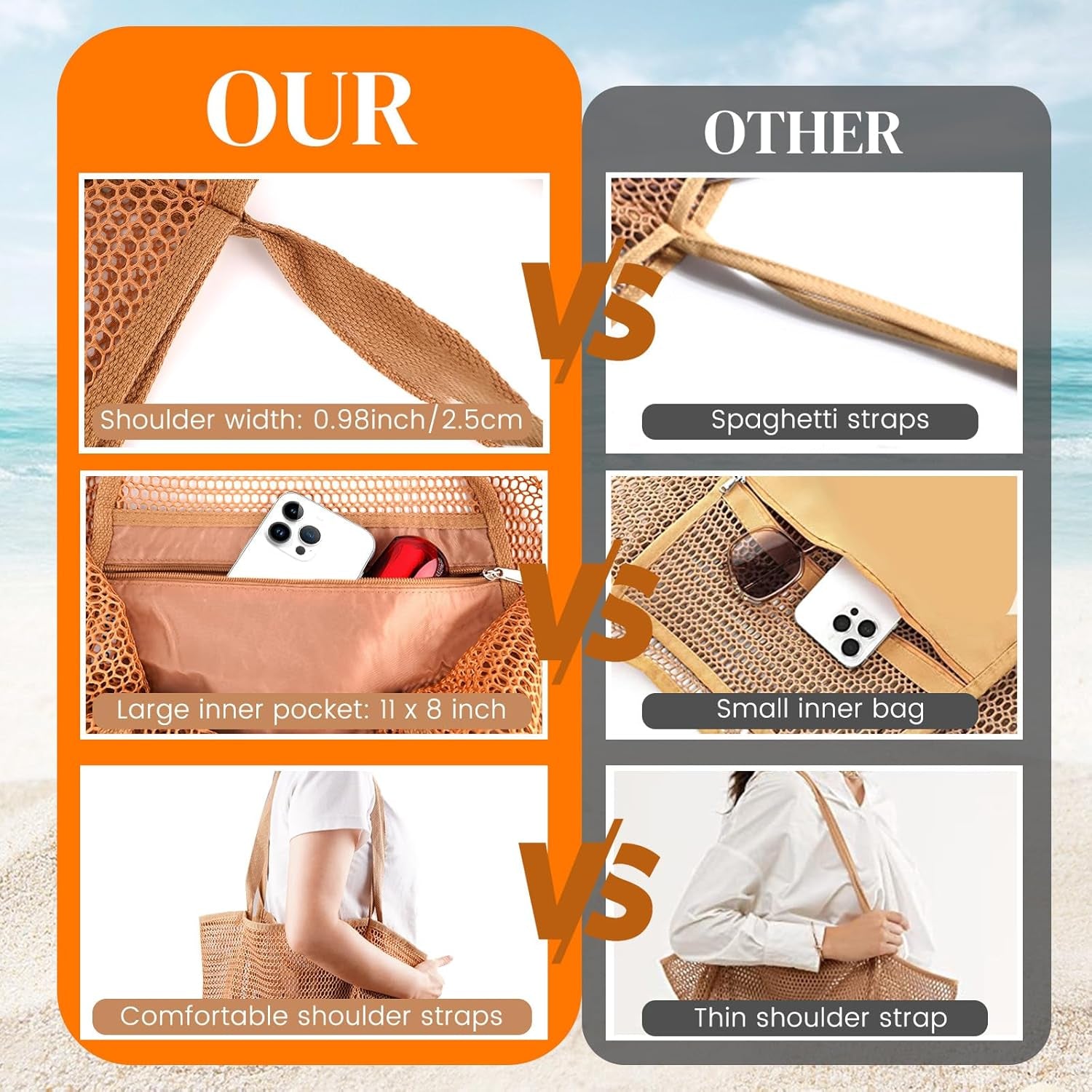 Beach Bags for Women, Summer Travel Mesh Tote Bag with Large Inner Pocket, Sandproof Woven Shoulder Handbag