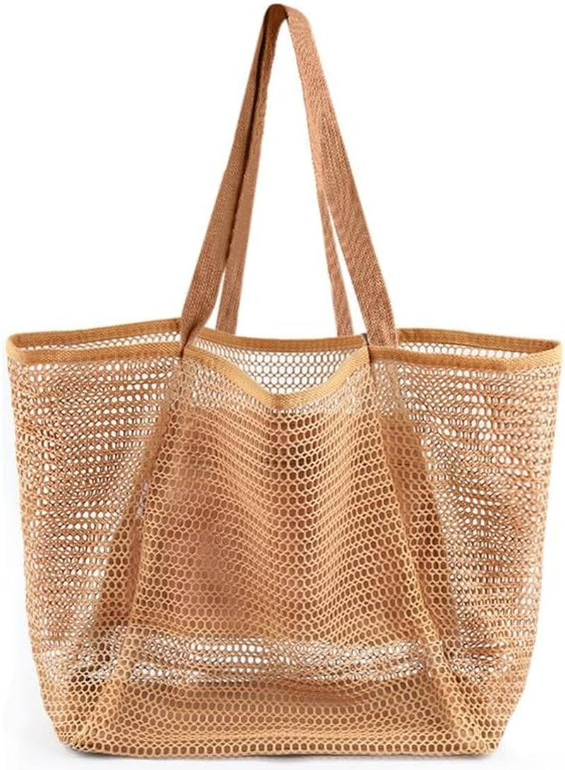 Beach Bags for Women, Summer Travel Mesh Tote Bag with Large Inner Pocket, Sandproof Woven Shoulder Handbag