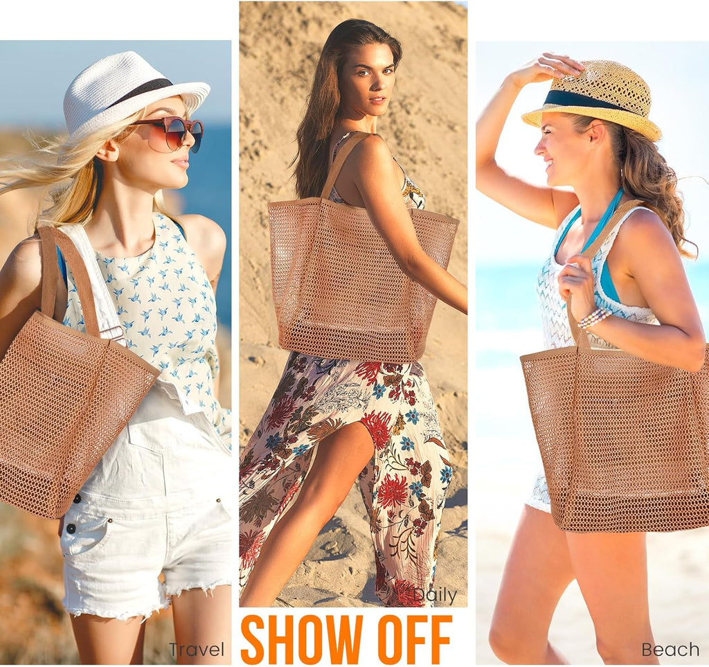 Beach Bags for Women, Summer Travel Mesh Tote Bag with Large Inner Pocket, Sandproof Woven Shoulder Handbag