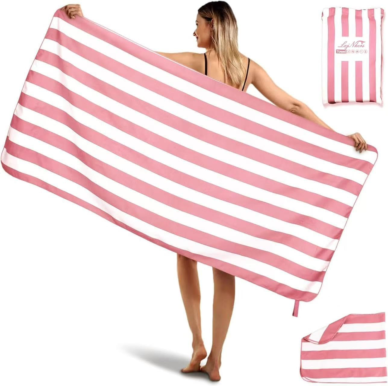 2-Pack Microfiber Beach Towels Set (63"X31.5" + 31.5"X16") | Oversized Quick Dry Sand Free Travel Towel for Beach Pool Gym Camping (Pink)