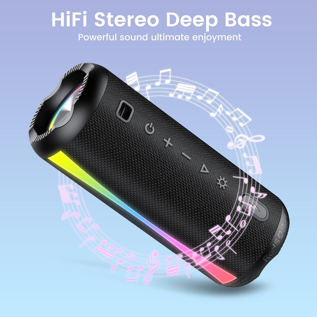 Portable Bluetooth Speaker, 2026 Bluetooth Wireless Speaker 5.4 with RGB Lights, 20H Playtime with Deep Bass, IP7 Waterproof, TWS Pairing, Portable Speaker for Travel/Party/Home/Gifts, Black