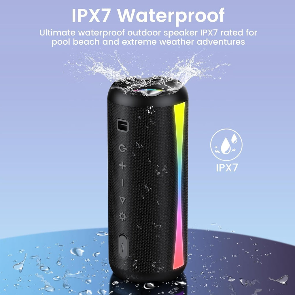 Portable Bluetooth Speaker, 2026 Bluetooth Wireless Speaker 5.4 with RGB Lights, 20H Playtime with Deep Bass, IP7 Waterproof, TWS Pairing, Portable Speaker for Travel/Party/Home/Gifts, Black