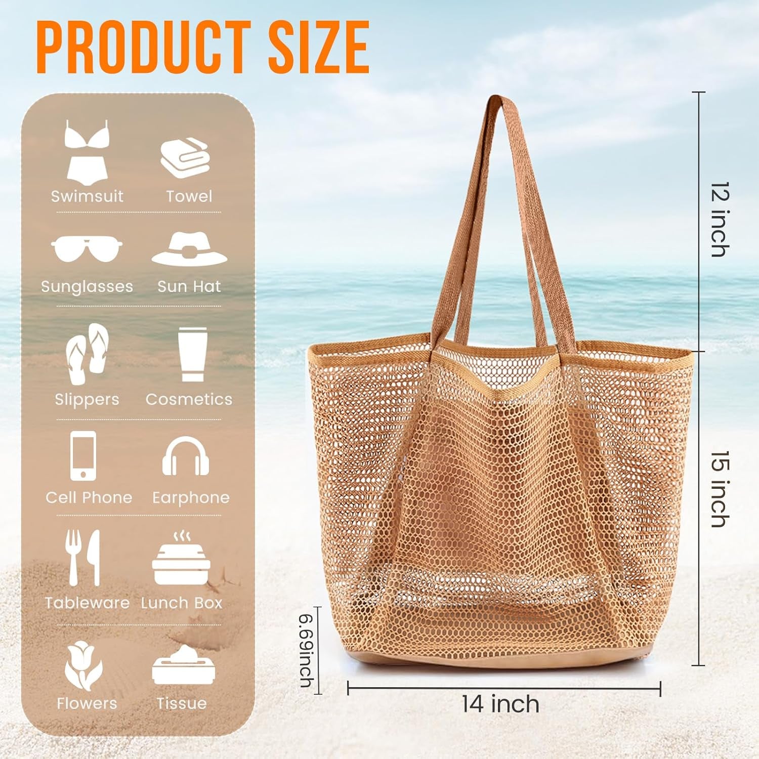 Beach Bags for Women, Summer Travel Mesh Tote Bag with Large Inner Pocket, Sandproof Woven Shoulder Handbag