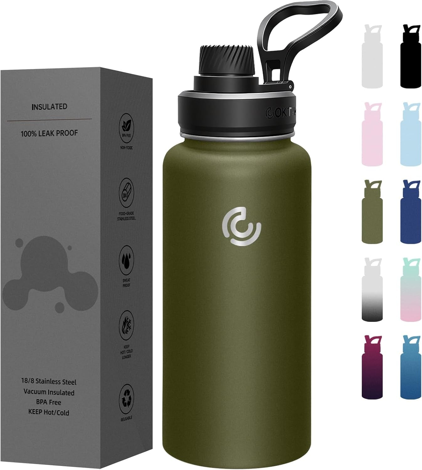Sports Water Bottle 22Oz, Insulated Water Bottle with Handle,Stainless Steel,Simple Modern,Suitable for Travel, School, Boy, Girl(Army Green)