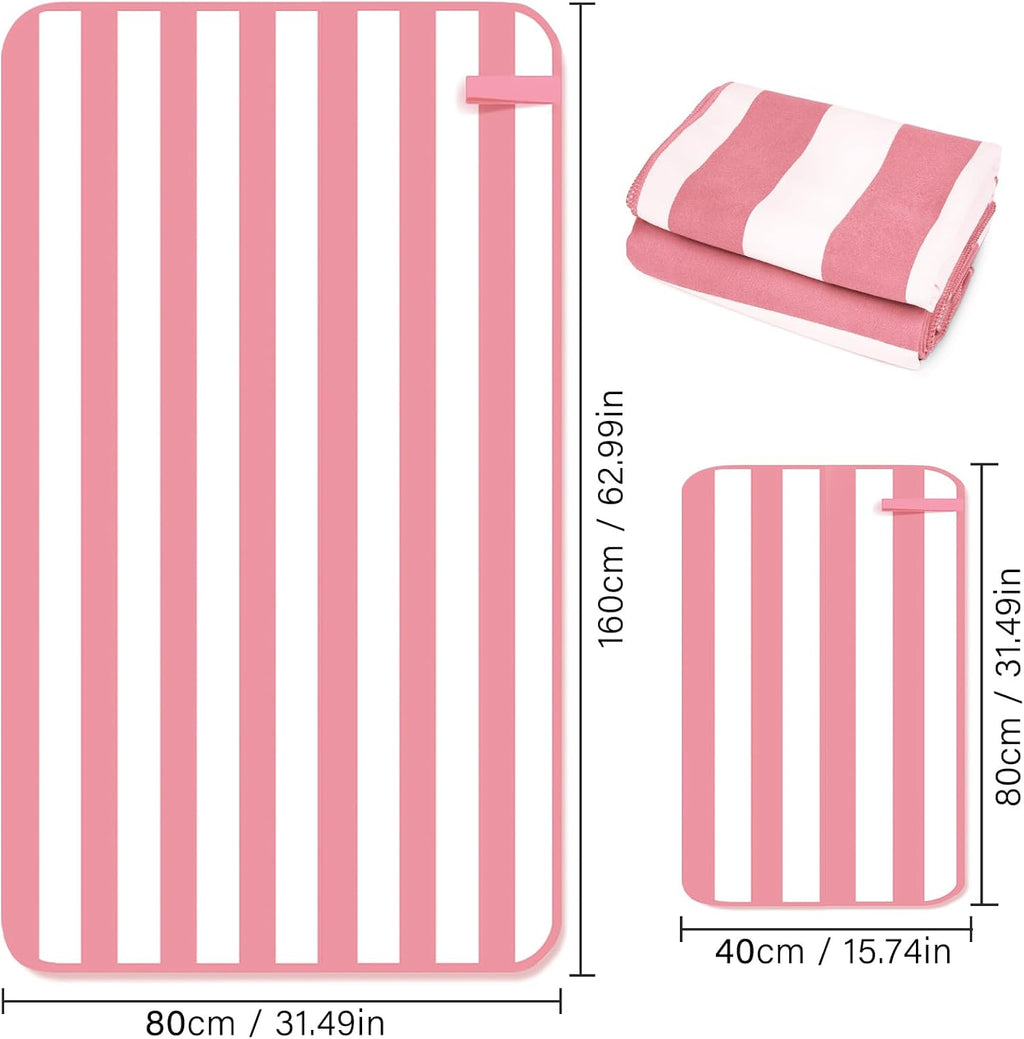 2-Pack Microfiber Beach Towels Set (63"X31.5" + 31.5"X16") | Oversized Quick Dry Sand Free Travel Towel for Beach Pool Gym Camping (Pink)
