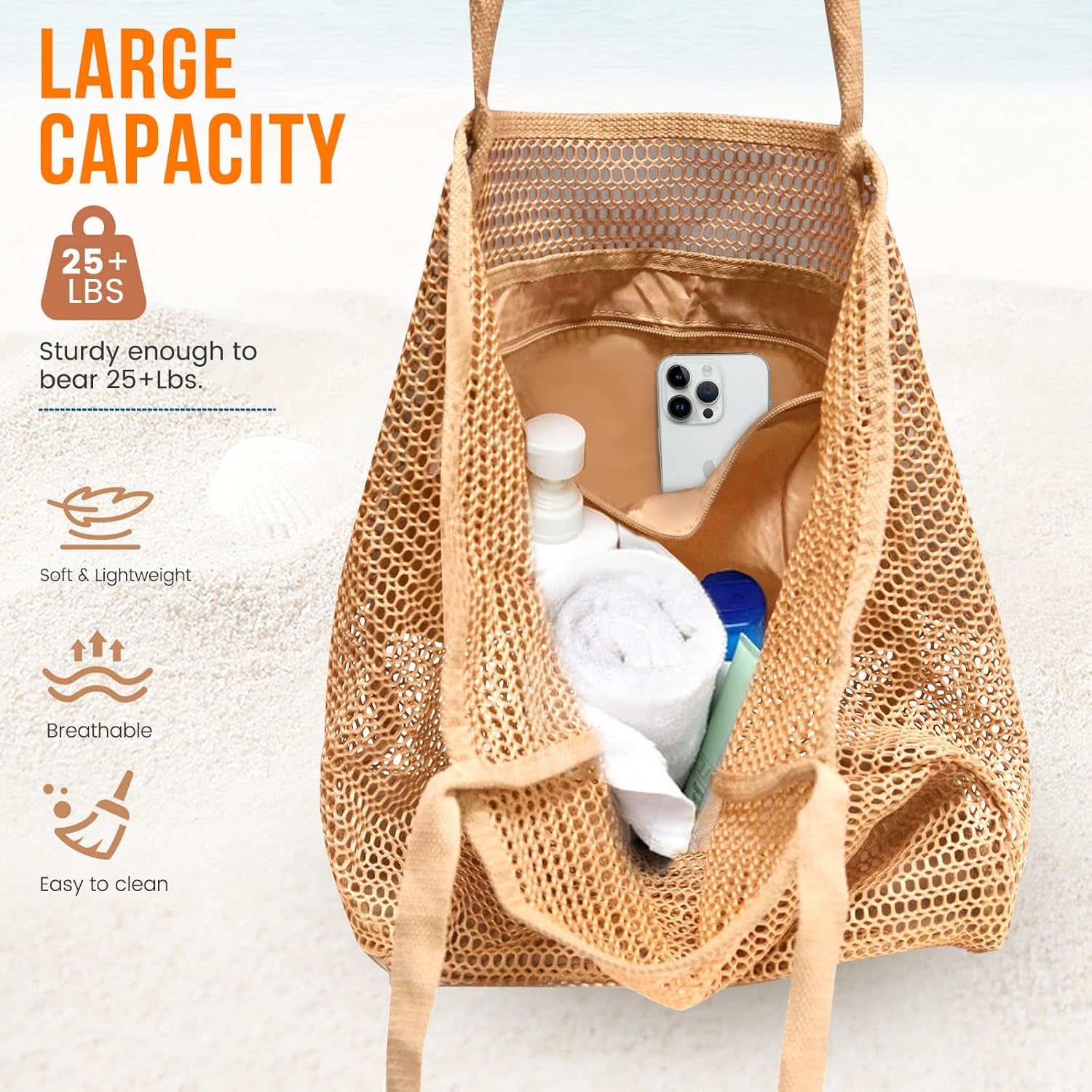 Beach Bags for Women, Summer Travel Mesh Tote Bag with Large Inner Pocket, Sandproof Woven Shoulder Handbag