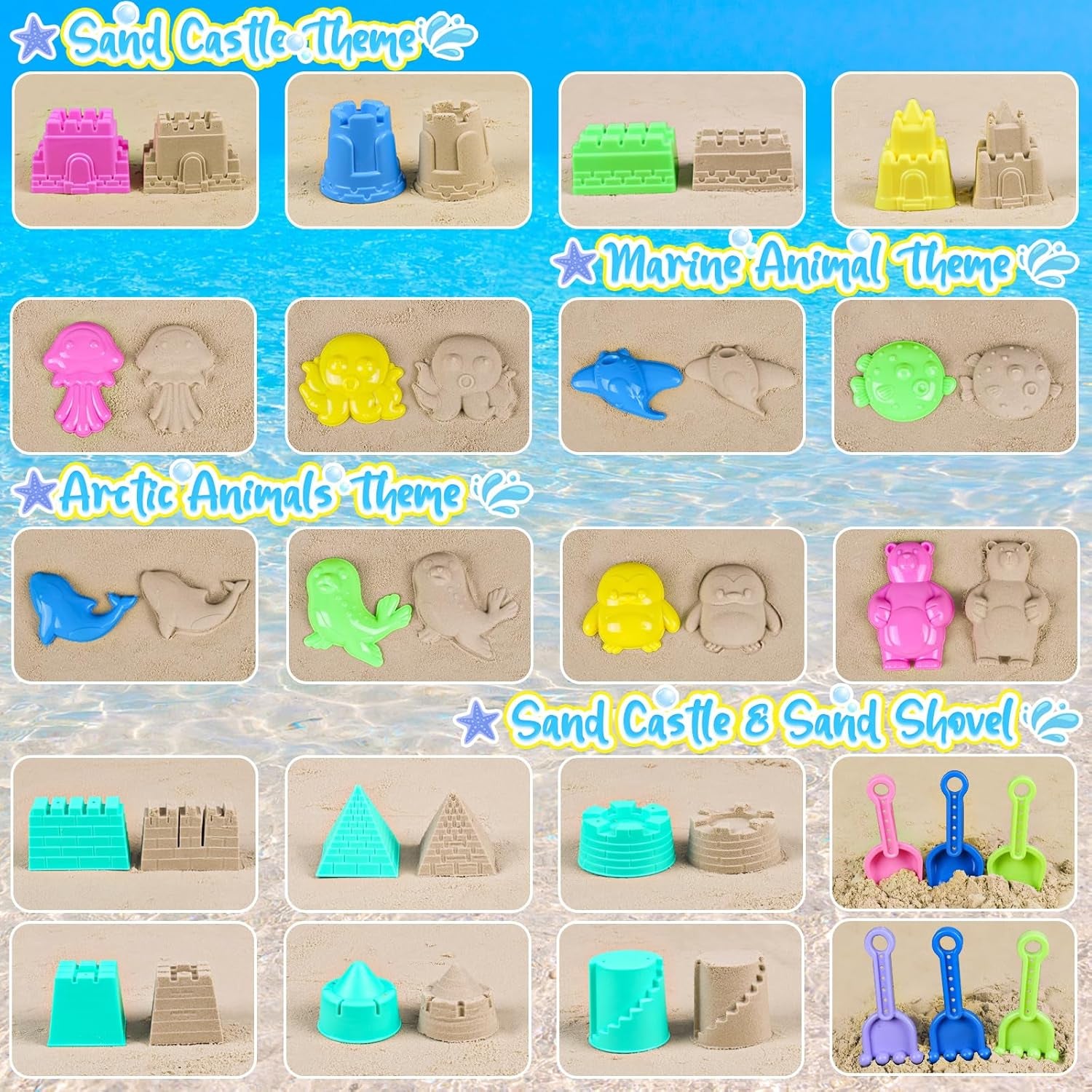 Beach Toys for Toddlers, Sand Castle Toys with 3 Bucket, 6 Shovels, Mesh Bag & Sandbox Molds Travel Sand Toys for Beach Sandbox Toys for Toddlers Kids Baby Boys Girls Age 3-10